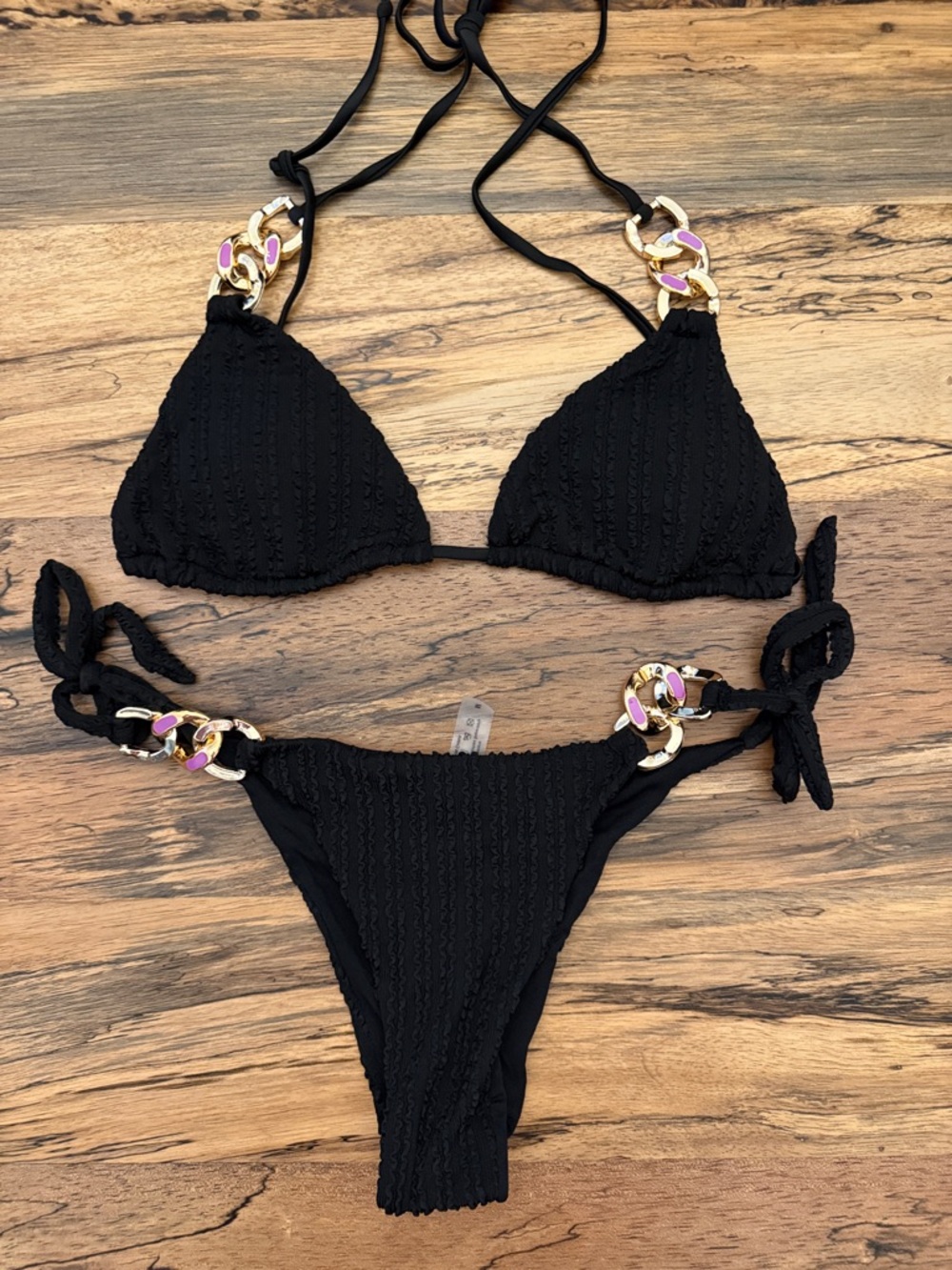 Black Chain-Accent Triangle Bikini Set - Women Swim